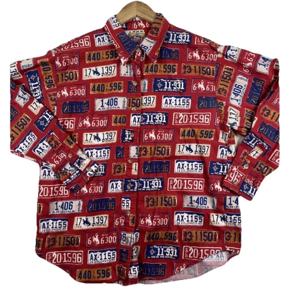 Vintage Barn Fly Men's Western License Plate Print Cotton Shirt  L Made in USA